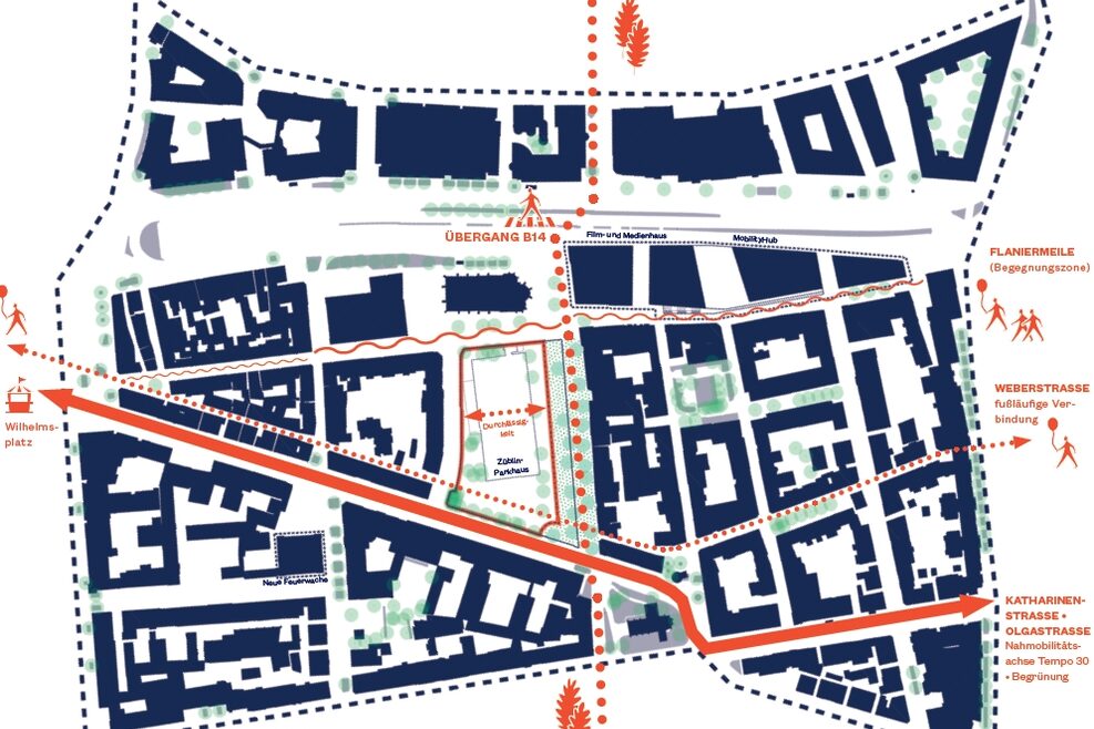 Illustrierter Quartiersplan mit dunkelblauen Baublöcken und rote Wegeführungen durch die künftige Leonhardsvorstadt.