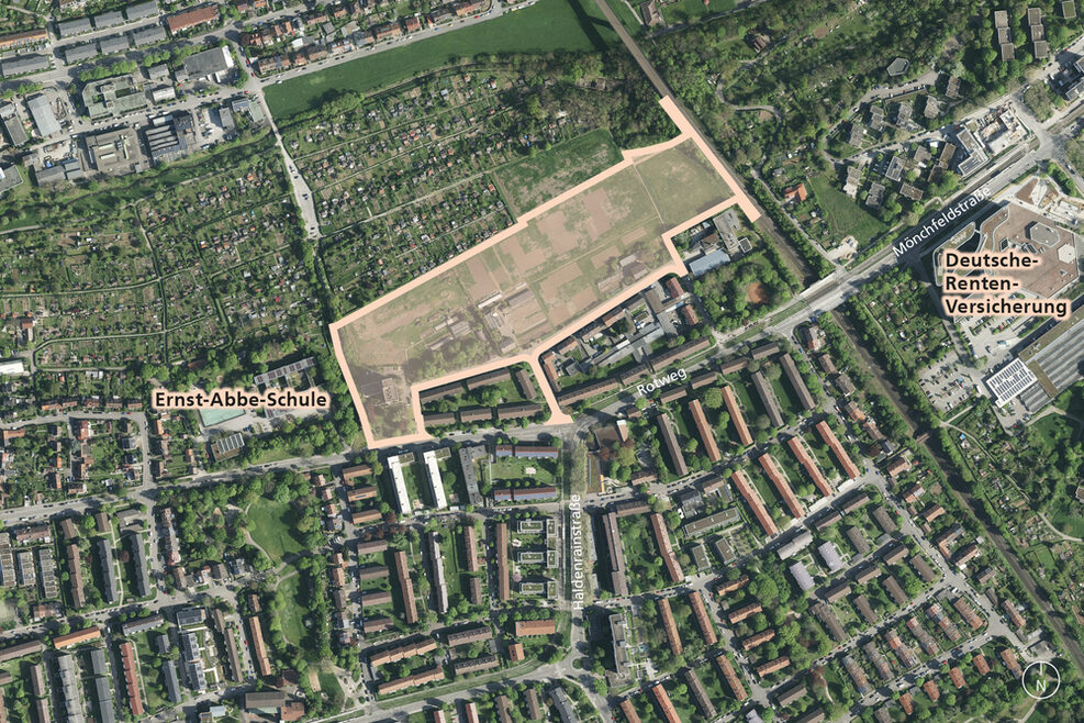 Luftbild von der Fläche in Stuttgart-Zuffenhausen, orange umrandet und transparent hinterlegt.