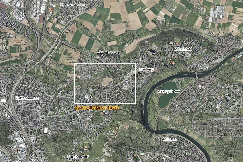 Luftbild des Quartiers Böckinger Straße in Stuttgart Rot