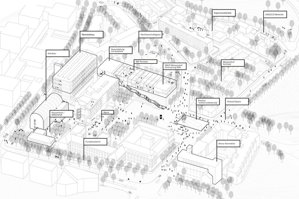 Schwarz-weiße Darstellung des Entwurfs von STUDIO CROSS SCALE, Stuttgart mit LAUX Architekten, München und Blank Planungsgesellschaft mbH, Stuttgart.