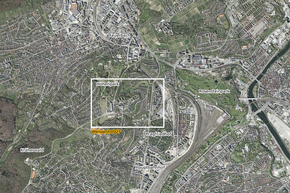 Ein Luftbild zeigt den Weissenhof zwischen Kräherwald, Feuerbach, Rosensteinpark und Pragfriedhof
