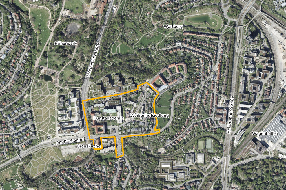 Das Luftbild zeigt die genaue Entwicklungsfläche mit Brenzkirche, Kunstakademie und Weissenhofsiedlung.