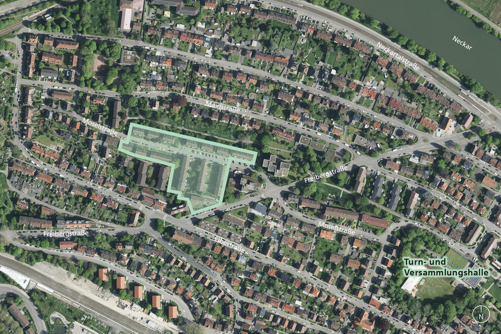 Luftbild von der Entwicklungsfläche in Stuttgart-Münster, diese ist hellgrün umrandet und markiert.