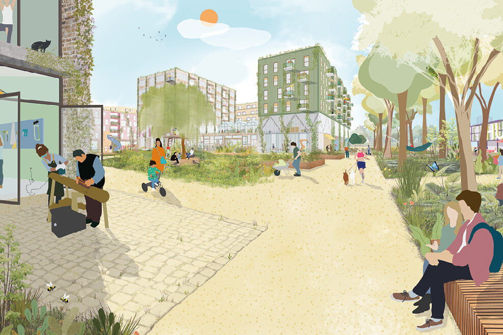 Skizze der Architekten zeigt einen Park, in dem sich viele Menschen aufhalten.