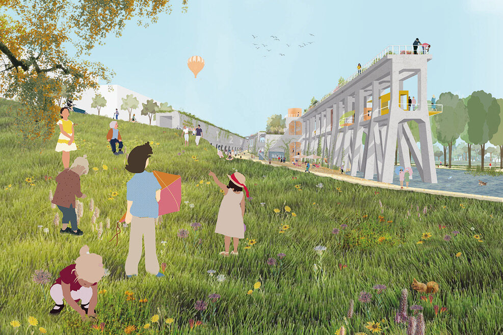Skzize der Architekten zeigt den Gleisbogenpark mit grünen Bäumen, Kinder spielen auf einer Wiese.