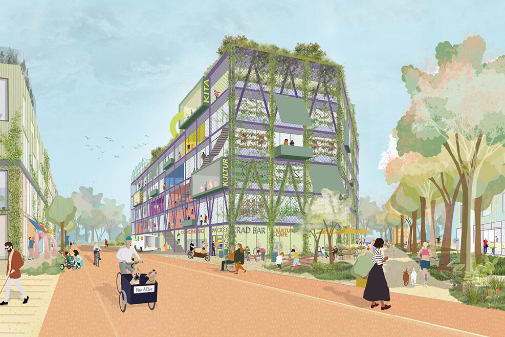 Skizze von einer Straße zwischen Häusern und einer Allee. Es gibt einige Geschäfte.