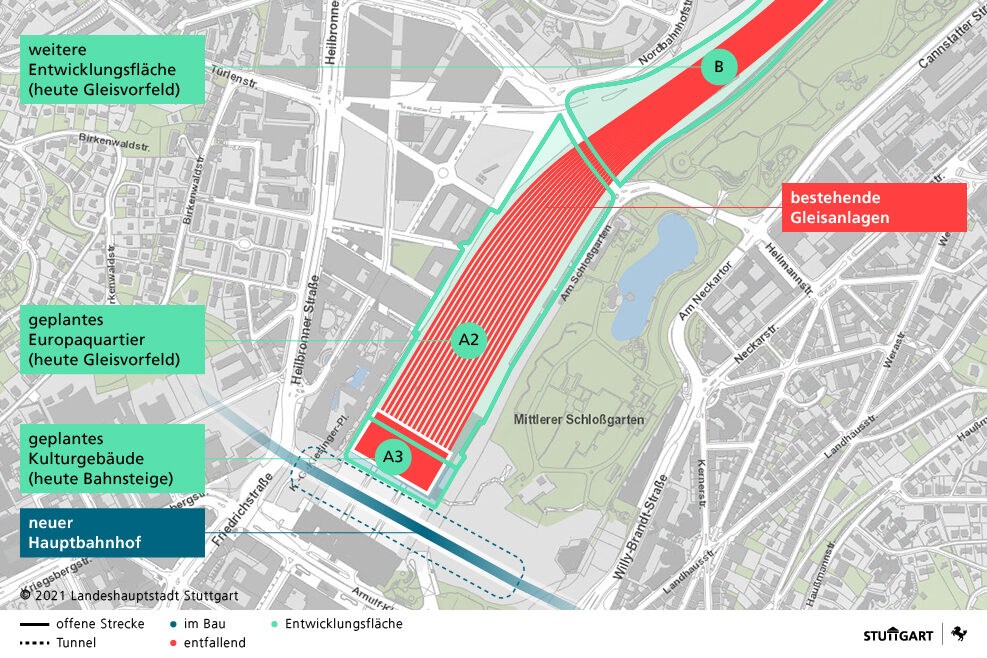 Karte zeigt Detailsansicht des Stuttgarter Hauptbahnhofs und wie auf der Fläche für neue Wohnviertel entstehen.