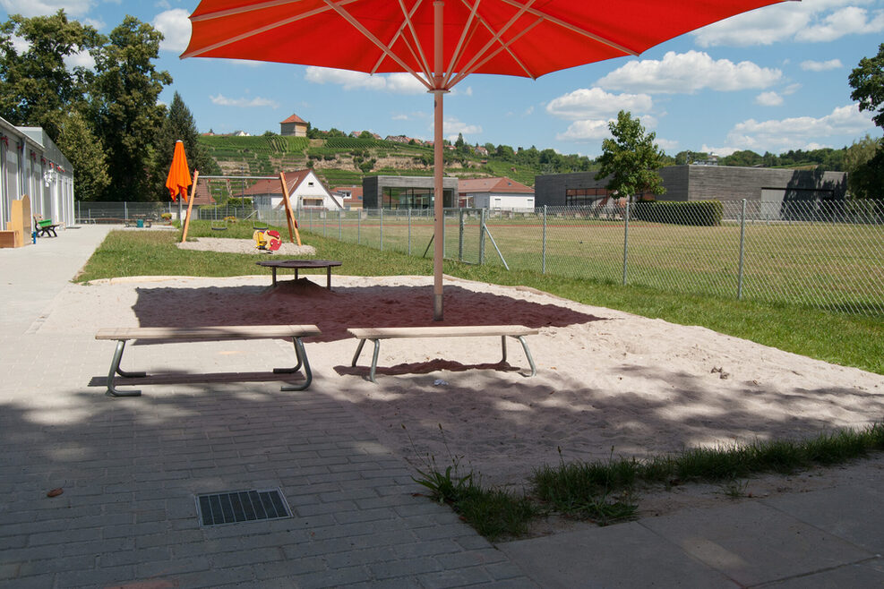 Außengelände mit Sandkasten und rotem Sonnenschirm.