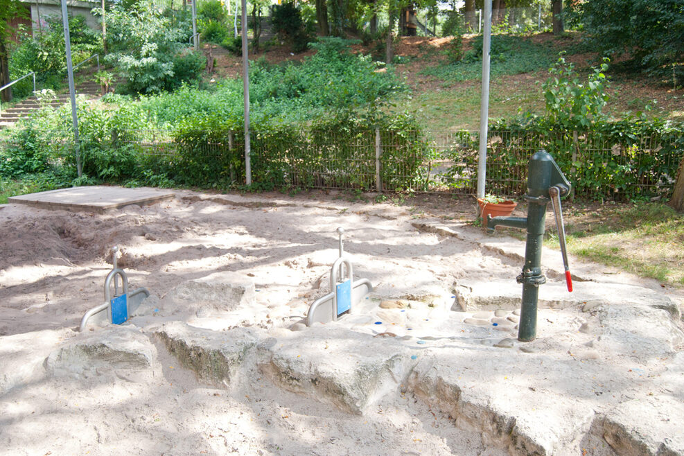 Der Sandkasten mit Wasserpumpe und Wasserstraße.