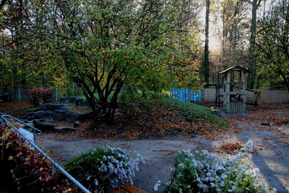 Im Garten steht ein Spielturm zum Klettern.