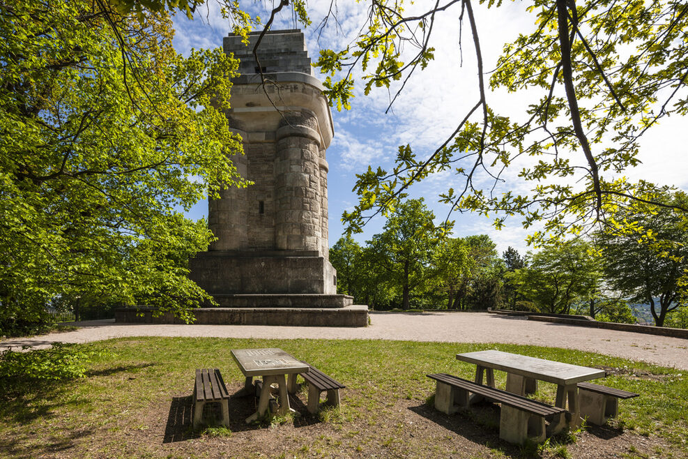 Bänke und Tische auf Wiese. Im Hintergrund der Bismarckturm