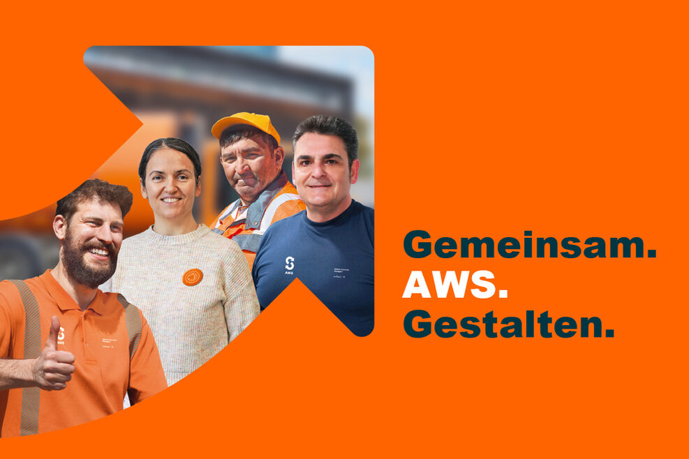 Bild mit Hintergrund in Orange. Darauf vier Personen und der Slogan Gemeinsam. AWS. Gestalten.