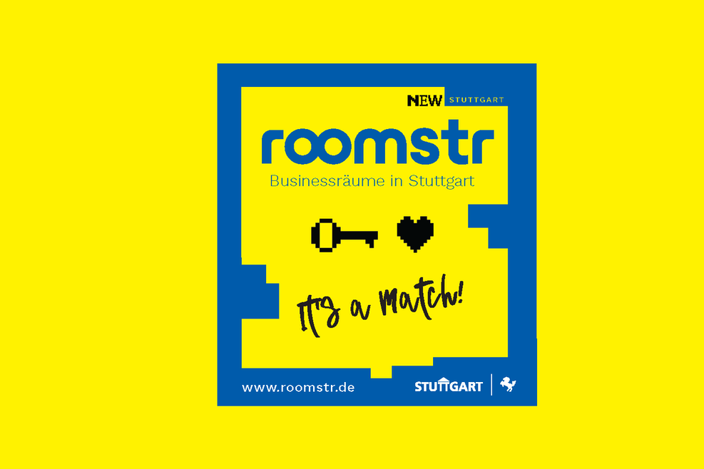 Blau-gelbe Grafik zum Immobilienportal roomstr.de