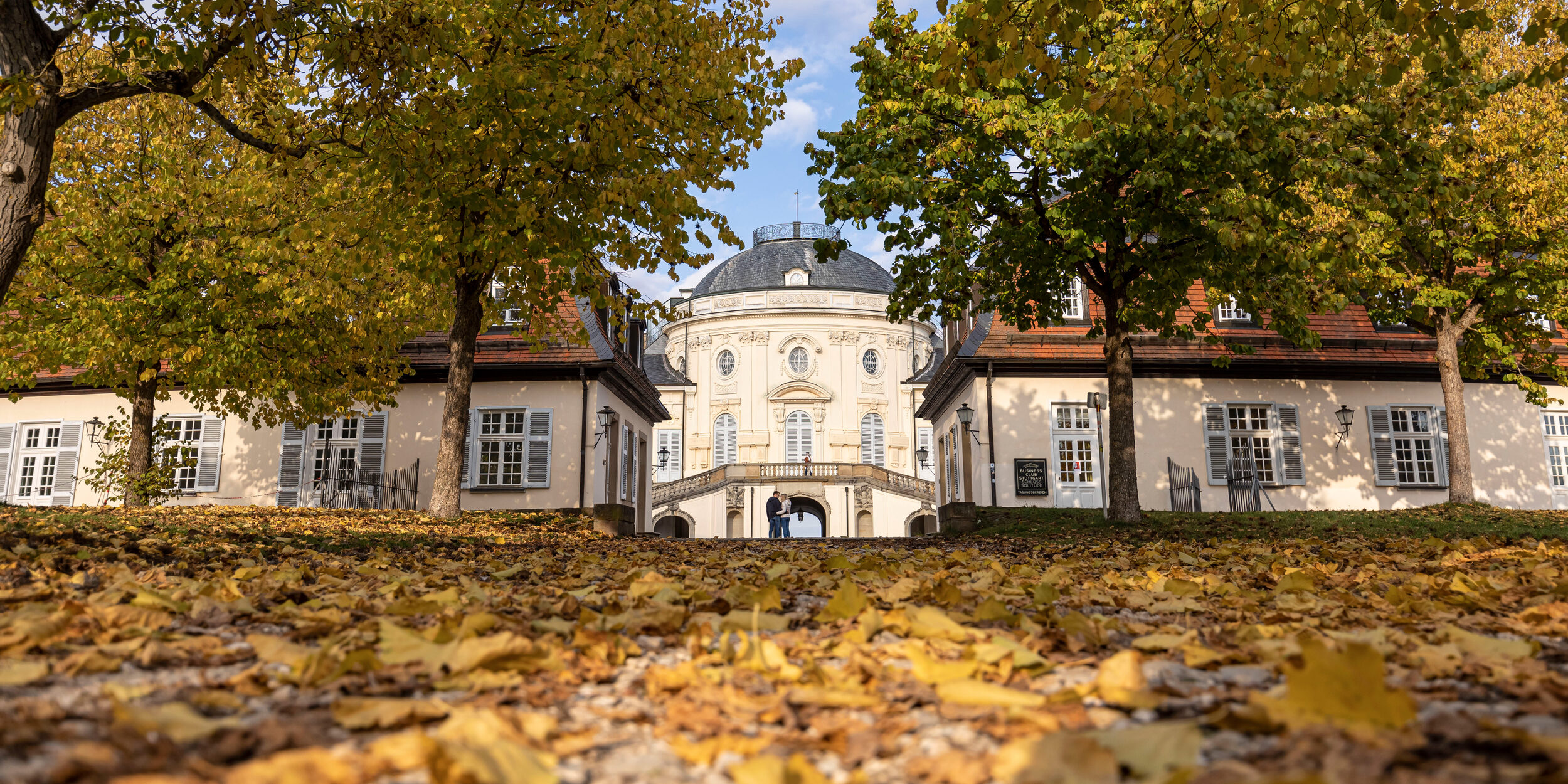 Spätherbst am Schloss Solitude: Ein Baum-Allee bedeckt mit bunten Herbstblättern führt zur Schloss-Kuppel.