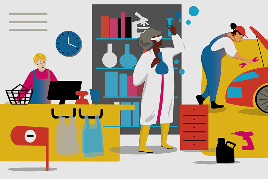 Image collage with three working women: A cashier, a chemist and a mechatronics engineer
