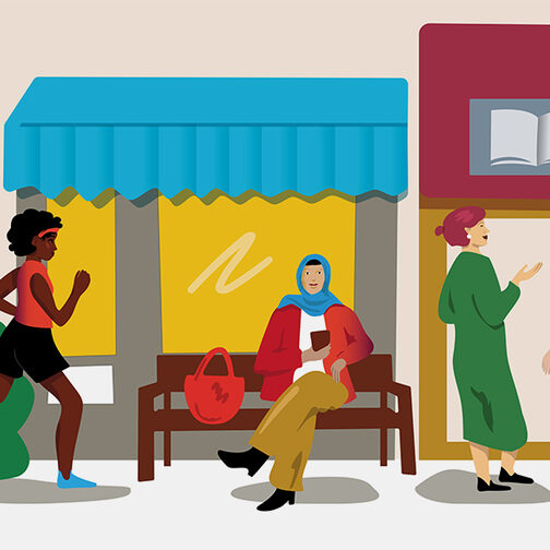 Das Bild zeigt eine Straßensituation vor einer Ladenzeile. Von links läuft eine Joggerin ins Bild. In der Mitte sitzt ein Muslimin auf einer Bank vor einem Schaufenster. Rechts von ihr unterhalten sich 2 stehende Frauen.