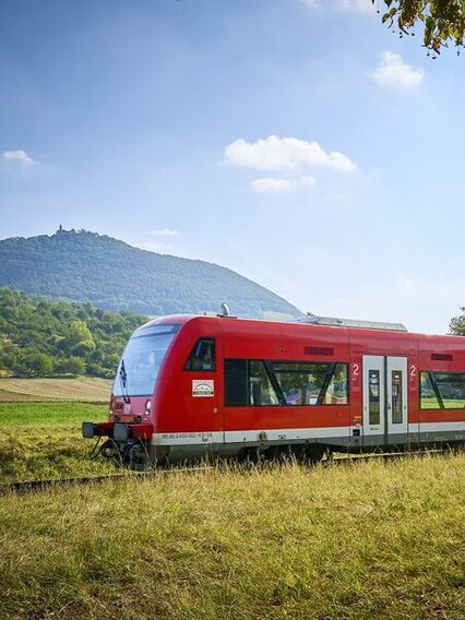 Rote S-Bahn fährt durch eine schöne Landschaft.