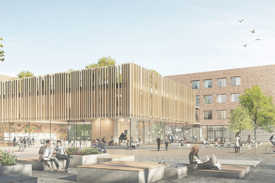 Die Visualisierung zeigt das Neue Gymnasium Leibniz. Große Glasfronten zieren das Erdgeschoss, darüber vermitteln Streben ein modernes ANtlitz. Im Vorderund sind Sitzgelegenheiten für Schülerinnen und Schüler zu sehen.