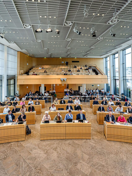 Blick auf die Gemeinderätinnen und -räte im Großen Sitzungssaal des Rathauses.