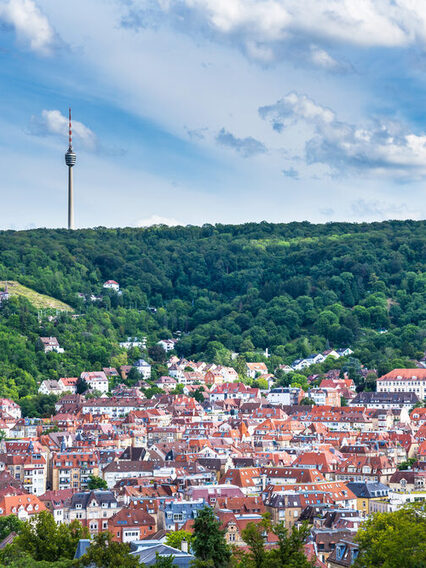 Stadtpanorama von Stuttgart: Häuser mit roten Dächern in einem Tal, umgeben von grünem Wald, auf einem Hügel steht der Fernsehturm.