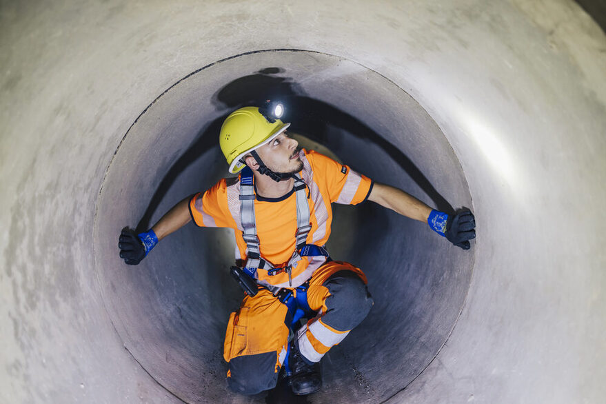 Bautechniker mit Baustellenausrüstung krabbelt durch eine Röhre.