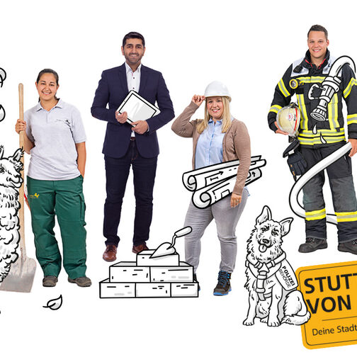 Verschiedene Personen in Arbeitskleidung (Verwaltung, Feuerwehr, Arzt/Äztin, Bau) ergänzt durch animationen vom Arbeitsmitteln und Tieren, wie z.B. Hund der Polizeibehörde.