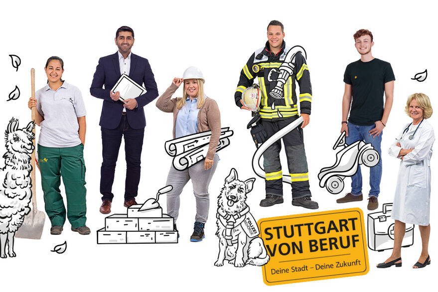 Verschiedene Personen in Arbeitskleidung (Verwaltung, Feuerwehr, Arzt/Äztin, Bau) ergänzt durch animationen vom Arbeitsmitteln und Tieren, wie z.B. Hund der Polizeibehörde.