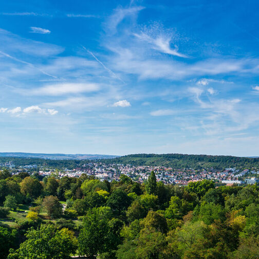Germany, View over houses of Stuttgart Feuerbach in green nature landscape