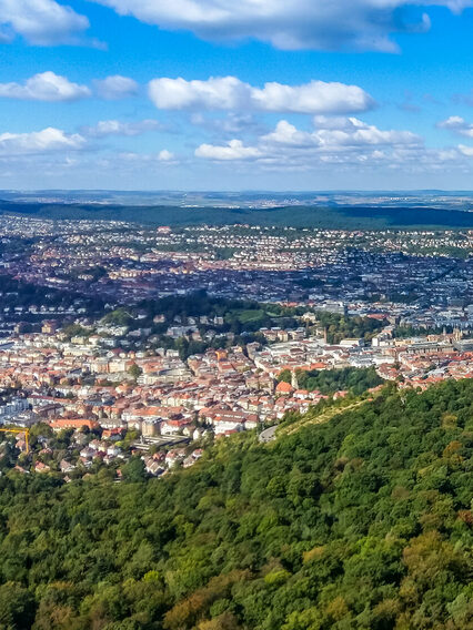 Luftaufnahme einer Stadt, im Vordergrund ist viel Wald zu sehen.