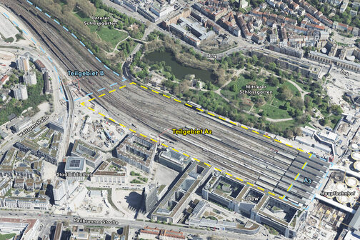 Вид с воздуха на район застройки Штутгарта Розенштайн с подрайоном A2, где в настоящее время проходят пути главного железнодорожного вокзала Штутгарта.