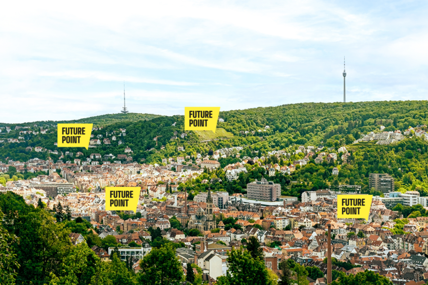 Im Hintergrund ein Foto von Stuttgart, mit Blick auf die Dächer, Wälder und den Fernsehturm. Im Vordergrund Text der Futurepoints markiert.