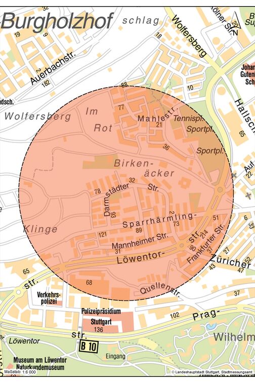 Bombenentschärfung im Stadtteil Birkenäcker: Karte mit rotem Sicherheitsradius