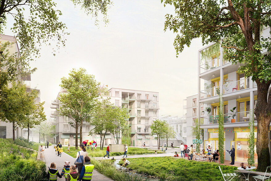 Visualisierung eine Quartiers mit einer Wiese, einem Bach und mehreren Bäumen.