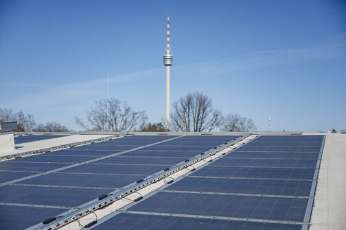 The photovoltaics of the ice world can be seen in the foreground and the television tower in the background.