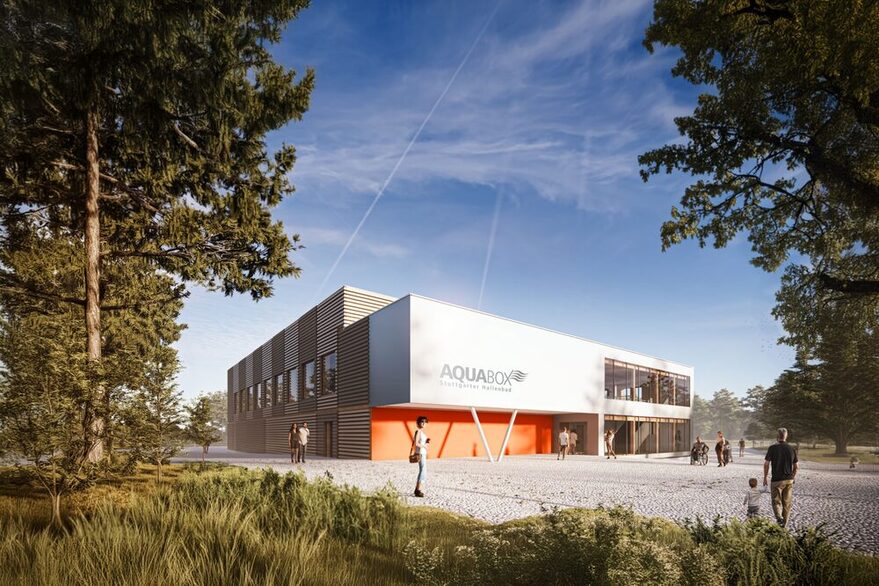 Die Visualisierung zeigt in der Mitte ein modernes quadratisches Gebäude, welches teilweise mit Holzmodulen verkleidet ist.