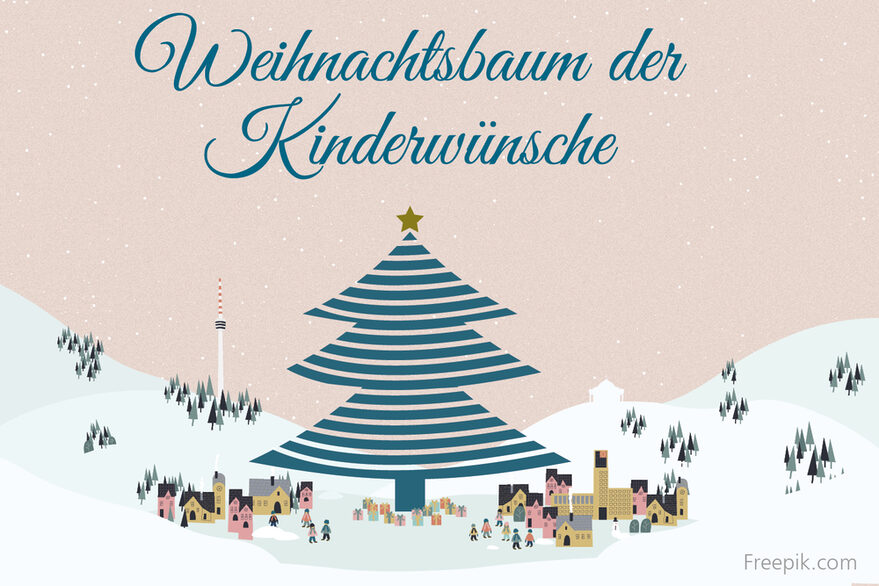 Eine Grafik, auf der ein Weihnachtsbaum mit Weihnachtsstern an der Spitze abgebildet ist. Der Baum steht im Zentrum von einer Stadt und überragt diese. Im Hintergrund sieht man einen Fernsehturm, die Landschaft ist mit Schnee bedeckt.