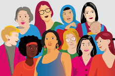 A colorful graphic of several women posing for a group picture, from different backgrounds.