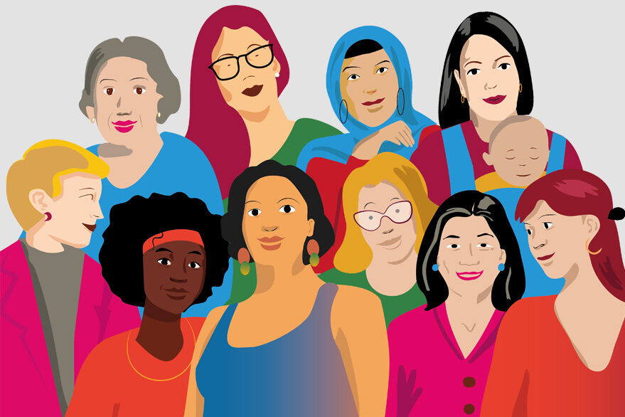 A colorful graphic of several women posing for a group picture, from different backgrounds.