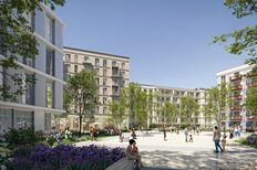 Visualisierung eines Platzes, im Hintergrund Häuser in Holzbauweise.