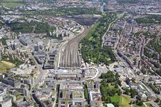 Aerial view of the track apron and the surrounding area behind Stuttgart Central Station, where the new Stuttgart Rosenstein district is to be built.