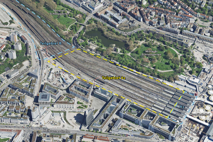 Luftbild vom Gleisvorfeld, das Gebiet A2 ist hervorgehoben.