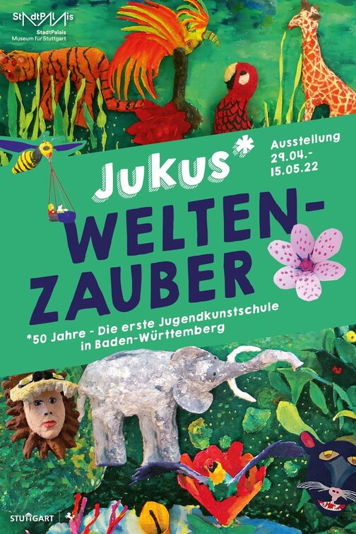 Ausstellungsplakat mit Dschungeltieren, Text: Jukus* Welten-Zauber +50 Jahre - Die erste Jugendkunstschule in Baden-Württemberg