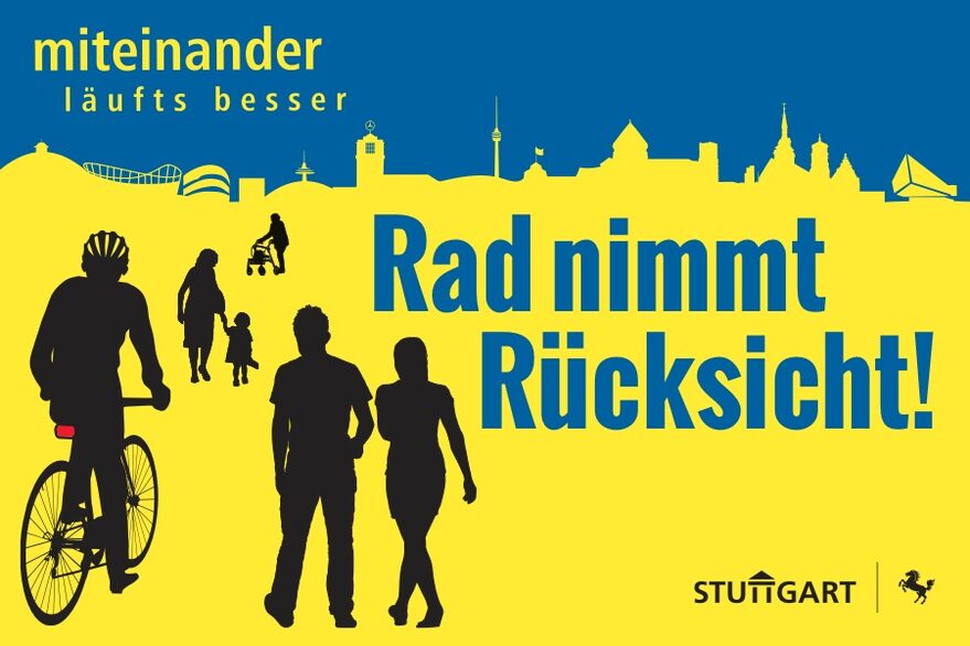 Kampagnen-Bild mit Aufschrift "Rad nimmt Rücksicht": Auf dem Bild ist ein Radfahrer und mehrere Fußgänger abgebildet.