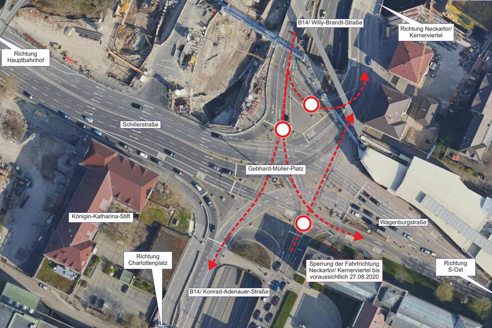 Luftbild des Gebhard-Müller-Platzes, die gesperrten Straßen sind rot markiert.