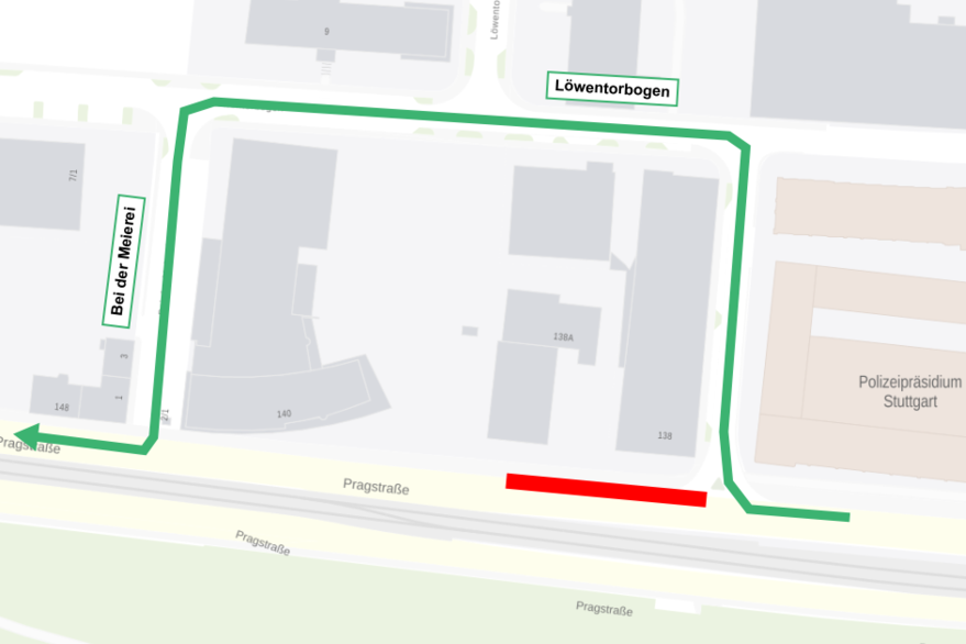 Grafik der Umfahrung der Baustelle in der Pragstraße, grüner Pfeil signalisiert eine Umleitung über Löwentorbogen und Beid er Meierei