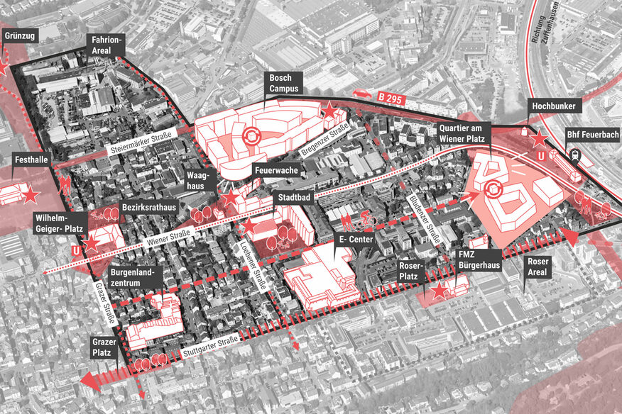 Das Schrägluftbild zeigt den Bereich in Feuerbach zu dem ein Rahmenplan erstellt werden soll. Die Umgebung außerhalb der Fläche ist ausgegraut.