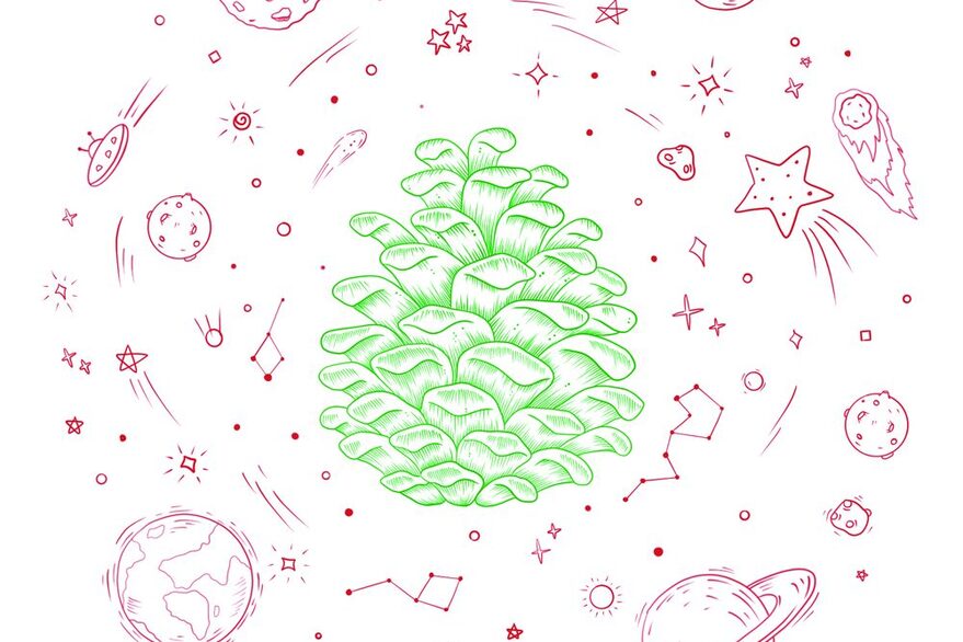 Das Weihnachtsmotiv des Netzwerks KUBI-S zeigt einen gezeichneten Weihnachtsbaum, um den Planeten und Sterne kreisen.