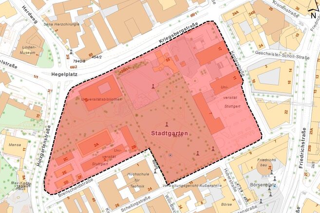 Kartenansicht: Eingezeichnete Waffenverbotszone im Stadtgarten