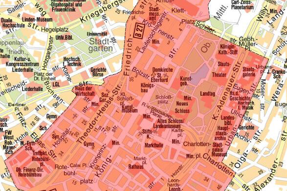 Kartenansicht: Eingezeichnete Waffenverbotszone im Cityring Stuttgart