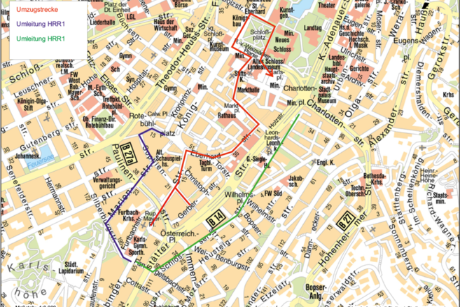 Stadtkarte der Stuttgarter Innenstadt mit Verlauf der Umzugsstrecke und der Umleitungen für den Radverkehr